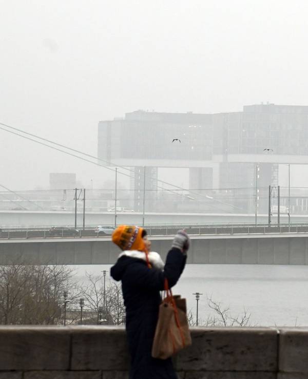 Eine Frau fotografiert am Rhein, im Hintergrund die Kranhäuser im Nebel.