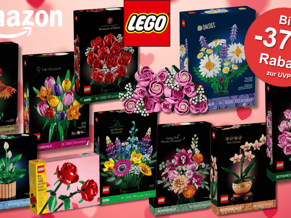 Lego Rosa Rosenstrauß, Schöner Rosafarbener Blumenstrauß, Lego Rosenstrauß und Rosen, Tulpenstrauß, Japanischer Roter Ahorn – Bonsai-Baum, Friedenslilie, Gänseblümchen, Lego Botanicals Mini-Orchidee, Lego Wildblumenstrauß vor Hintergrund einer grünen Wiese.