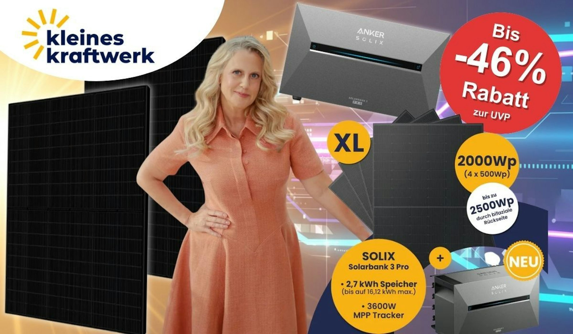 Kleines Kraftwerk Balkonkraftwerke mit Anker Solix Solarbank 3 Pro und Solar-Panelen vor dem glühenden Hitzeball der Sonne, daneben elektrische Entladungen als weiß-blaue Blitze.