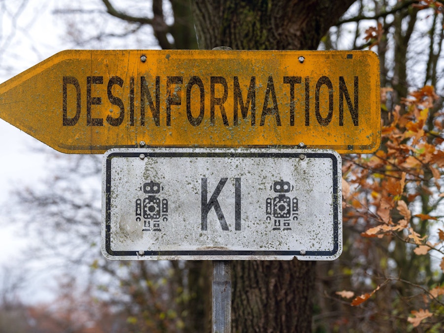 Wegweiser mit Aufschrift „Desinformation“ und „KI“