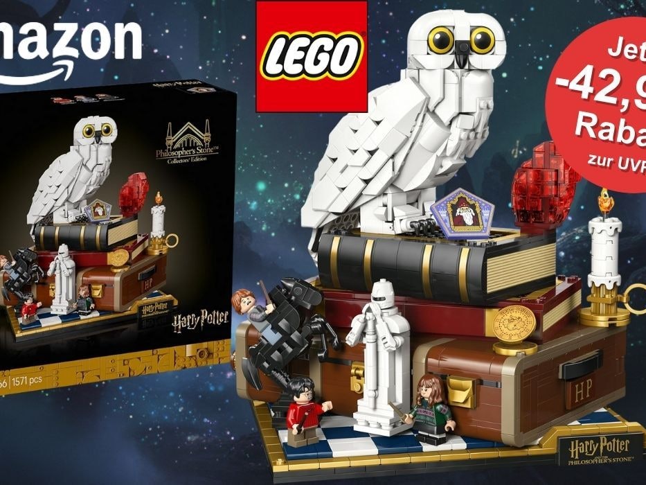 Lego Harry Potter Stein der Weisen – Sammleredition 76466 mit Harry, Hermine, Ron, Hedwig und vielen bekannten Szenen aus dem Film vor einem mysteriösen NAchthimmel mit magischer Atmosphäre.