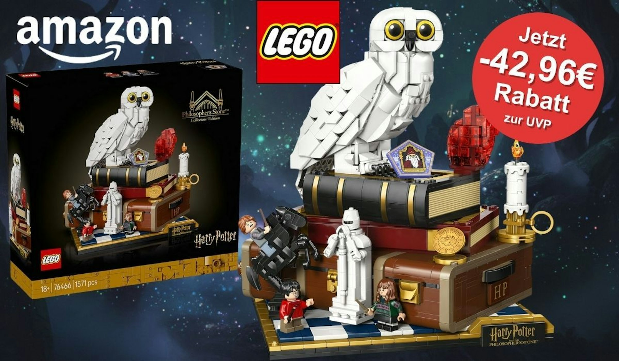 Lego Harry Potter Stein der Weisen – Sammleredition 76466 mit Harry, Hermine, Ron, Hedwig und vielen bekannten Szenen aus dem Film vor einem mysteriösen NAchthimmel mit magischer Atmosphäre.