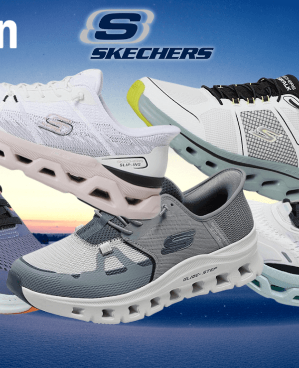 UNO Glide-Step Skechers Sneaker vor einer Landschaft in der Abenddämmerung.