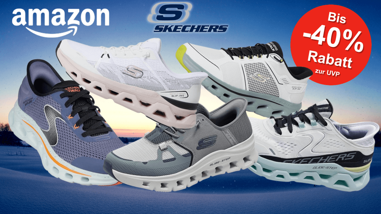UNO Glide-Step Skechers Sneaker vor einer Landschaft in der Abenddämmerung.