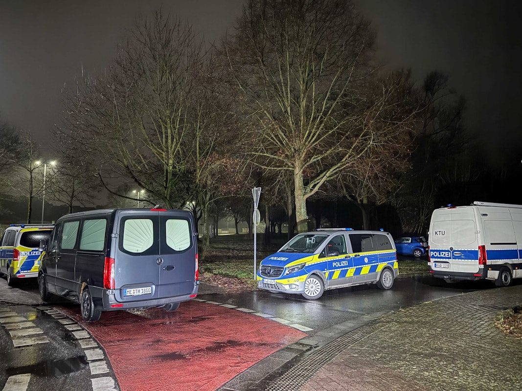 Einsatzfahrzeuge der Polizei sowie ein Leichenwagen stehen an einem Waldgebiet.