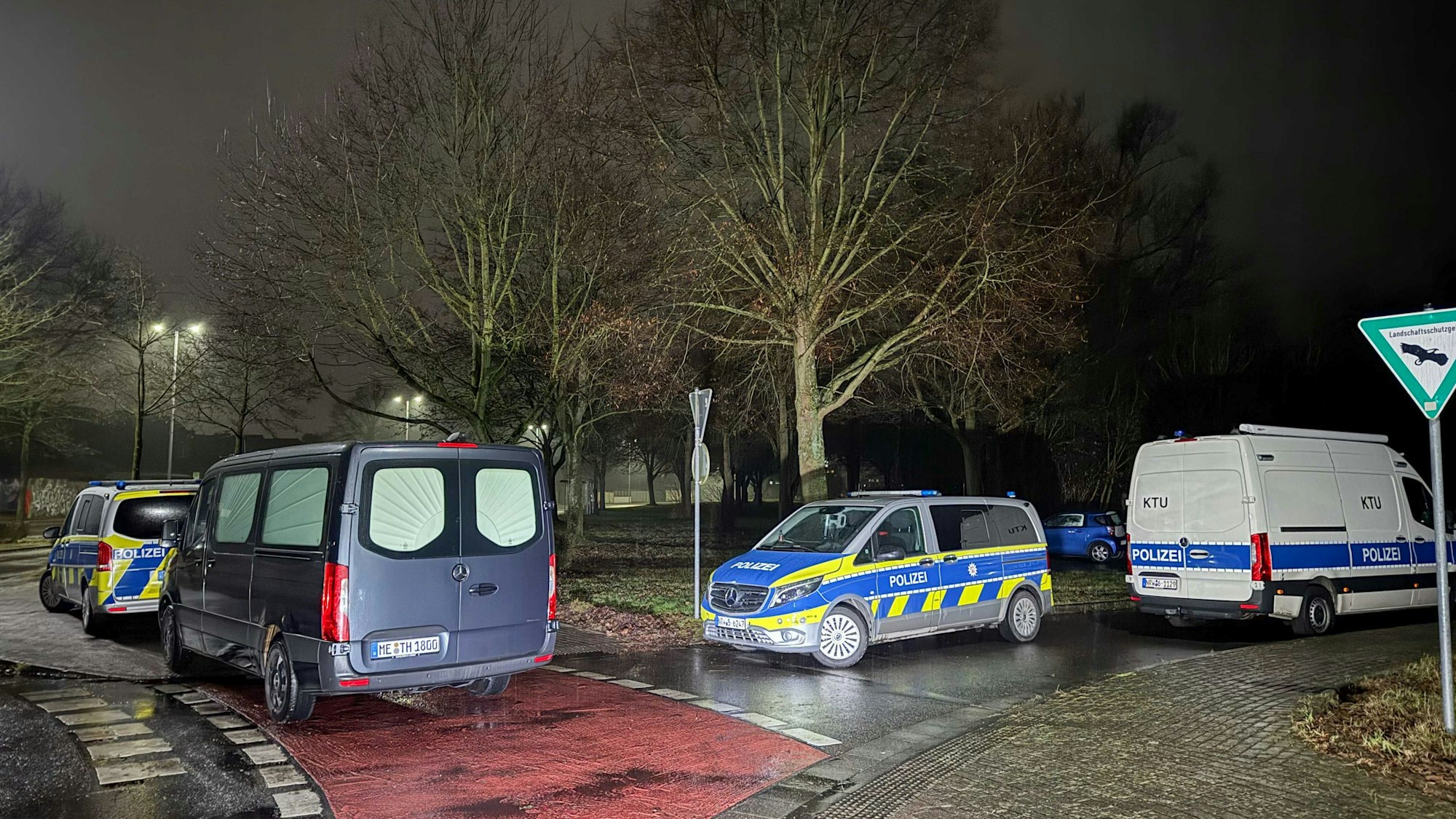Einsatzfahrzeuge der Polizei sowie ein Leichenwagen stehen an einem Waldgebiet.
