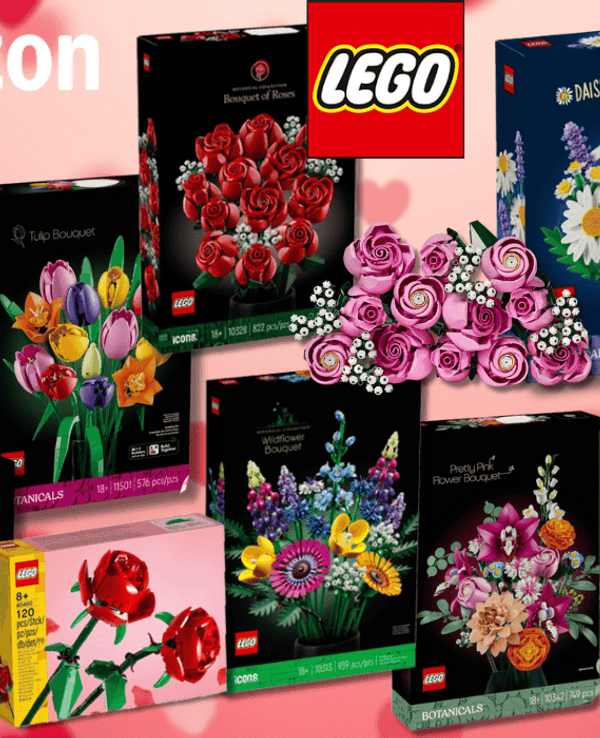 Lego Rosa Rosenstrauß, Schöner Rosafarbener Blumenstrauß, Lego Rosenstrauß und Rosen, Tulpenstrauß, Japanischer Roter Ahorn – Bonsai-Baum, Friedenslilie, Gänseblümchen, Lego Botanicals Mini-Orchidee, Lego Wildblumenstrauß vor Hintergrund einer grünen Wiese.