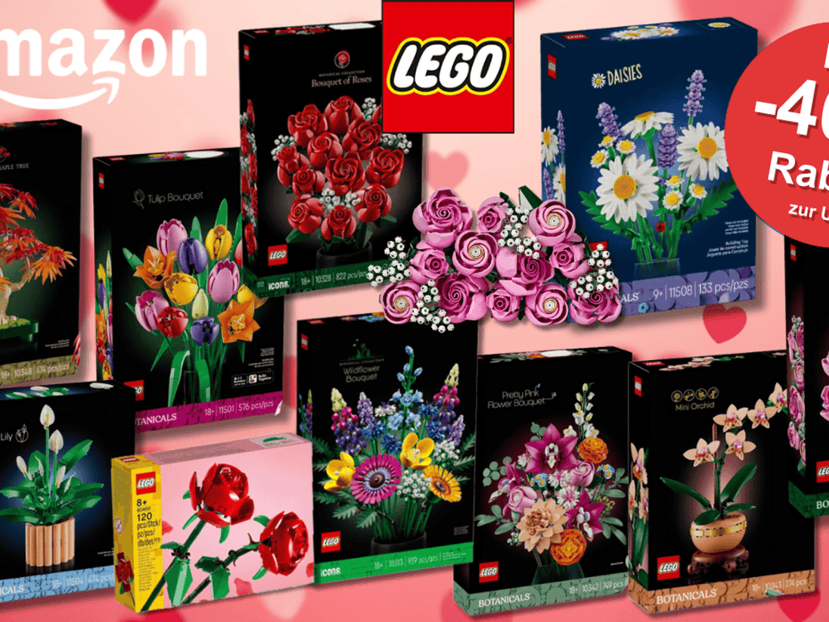 Lego Rosa Rosenstrauß, Schöner Rosafarbener Blumenstrauß, Lego Rosenstrauß und Rosen, Tulpenstrauß, Japanischer Roter Ahorn – Bonsai-Baum, Friedenslilie, Gänseblümchen, Lego Botanicals Mini-Orchidee, Lego Wildblumenstrauß vor Hintergrund einer grünen Wiese.