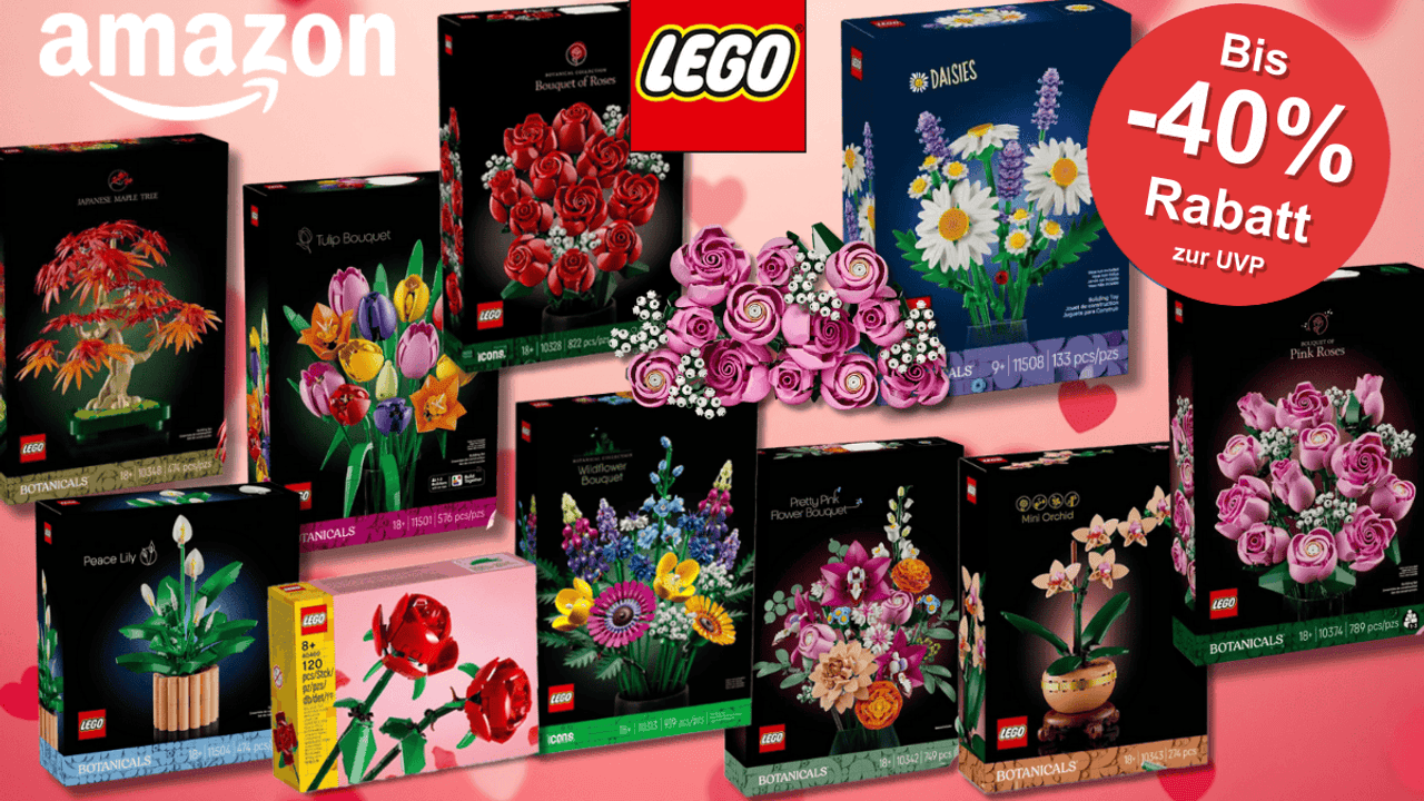 Lego Rosa Rosenstrauß, Schöner Rosafarbener Blumenstrauß, Lego Rosenstrauß und Rosen, Tulpenstrauß, Japanischer Roter Ahorn – Bonsai-Baum, Friedenslilie, Gänseblümchen, Lego Botanicals Mini-Orchidee, Lego Wildblumenstrauß vor Hintergrund einer grünen Wiese.