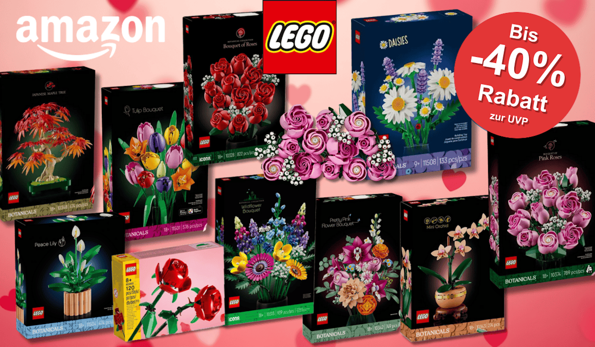 Lego Rosa Rosenstrauß, Schöner Rosafarbener Blumenstrauß, Lego Rosenstrauß und Rosen, Tulpenstrauß, Japanischer Roter Ahorn – Bonsai-Baum, Friedenslilie, Gänseblümchen, Lego Botanicals Mini-Orchidee, Lego Wildblumenstrauß vor Hintergrund einer grünen Wiese.