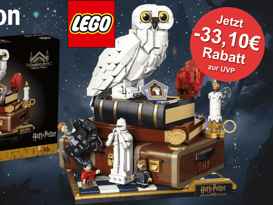 Lego Harry Potter Stein der Weisen – Sammleredition 76466 zum 25-jährigen Jubiläum des Films vor einem dunklen Himmel mit vielen Sternen.