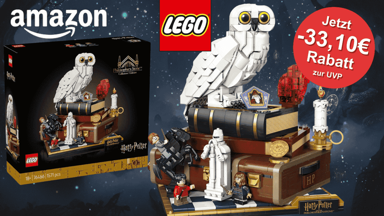 Lego Harry Potter Stein der Weisen – Sammleredition 76466 zum 25-jährigen Jubiläum des Films vor einem dunklen Himmel mit vielen Sternen.