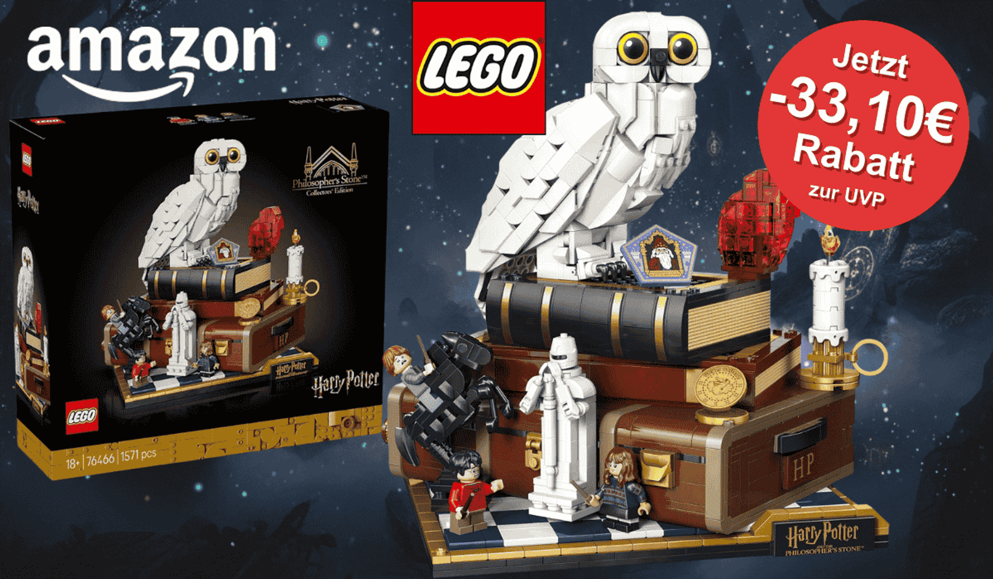 Lego Harry Potter Stein der Weisen – Sammleredition 76466 zum 25-jährigen Jubiläum des Films vor einem dunklen Himmel mit vielen Sternen.