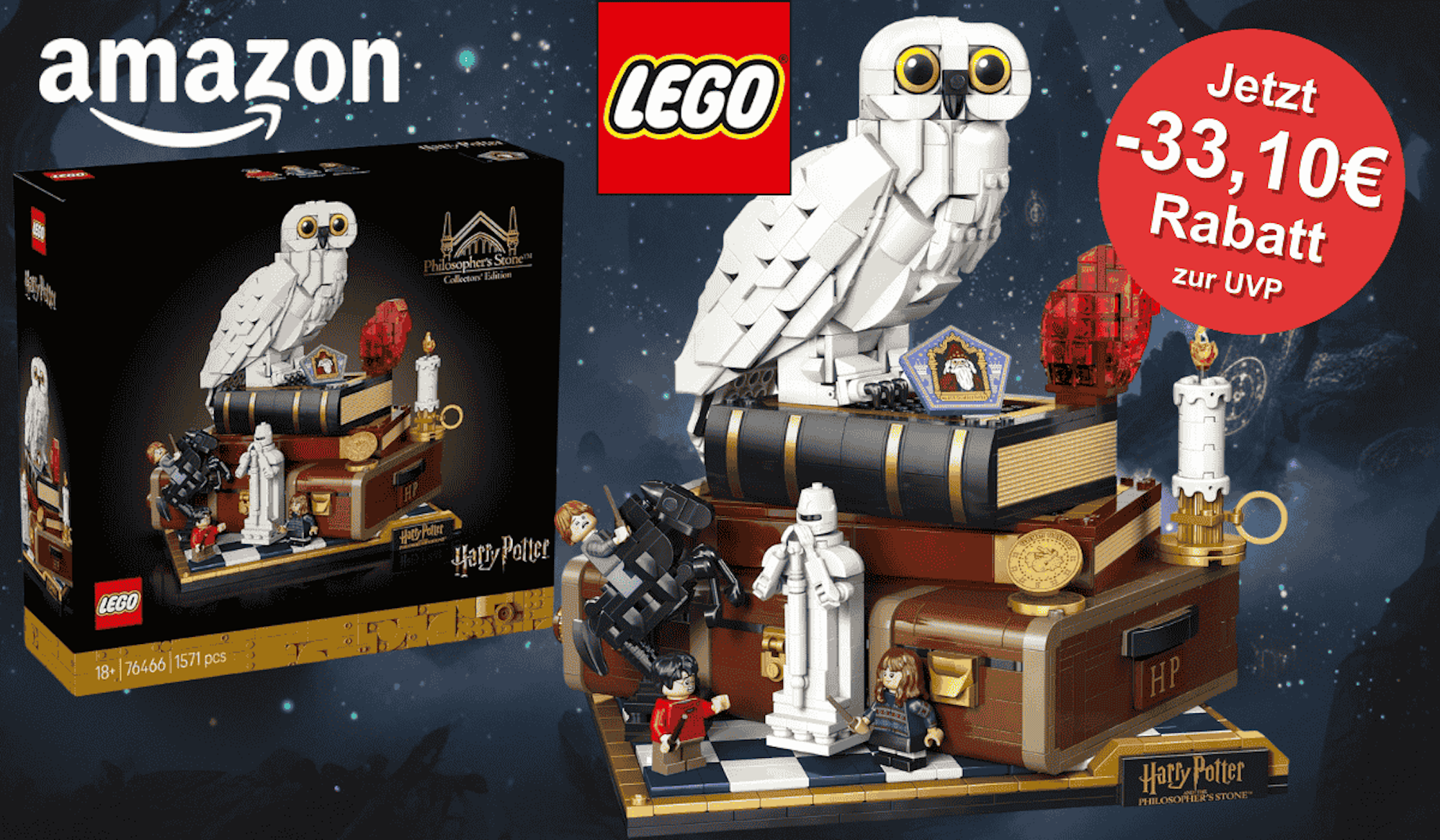 Lego Harry Potter Stein der Weisen – Sammleredition 76466 zum 25-jährigen Jubiläum des Films vor einem dunklen Himmel mit vielen Sternen.