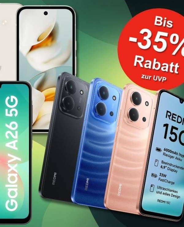 Smartphones wie iPhone, Samsung Galaxy A26, Google Pixel 9a und Xiaomi Redmi vor einem grünen Hintergrund.