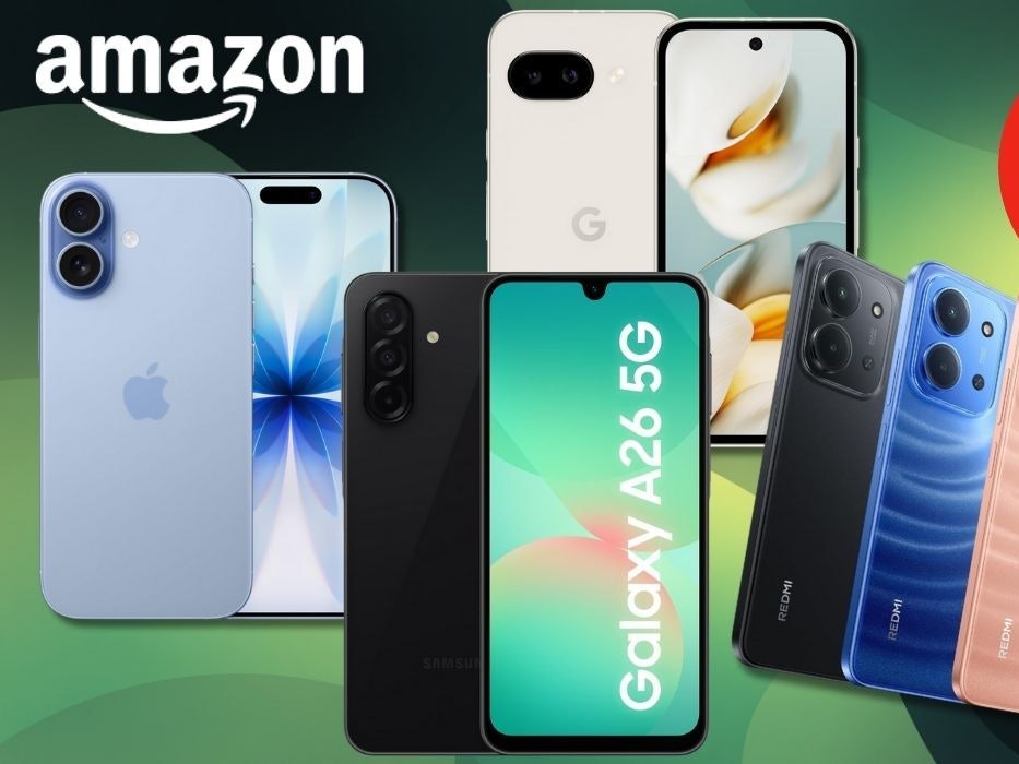 Smartphones wie iPhone, Samsung Galaxy A26, Google Pixel 9a und Xiaomi Redmi vor einem grünen Hintergrund.