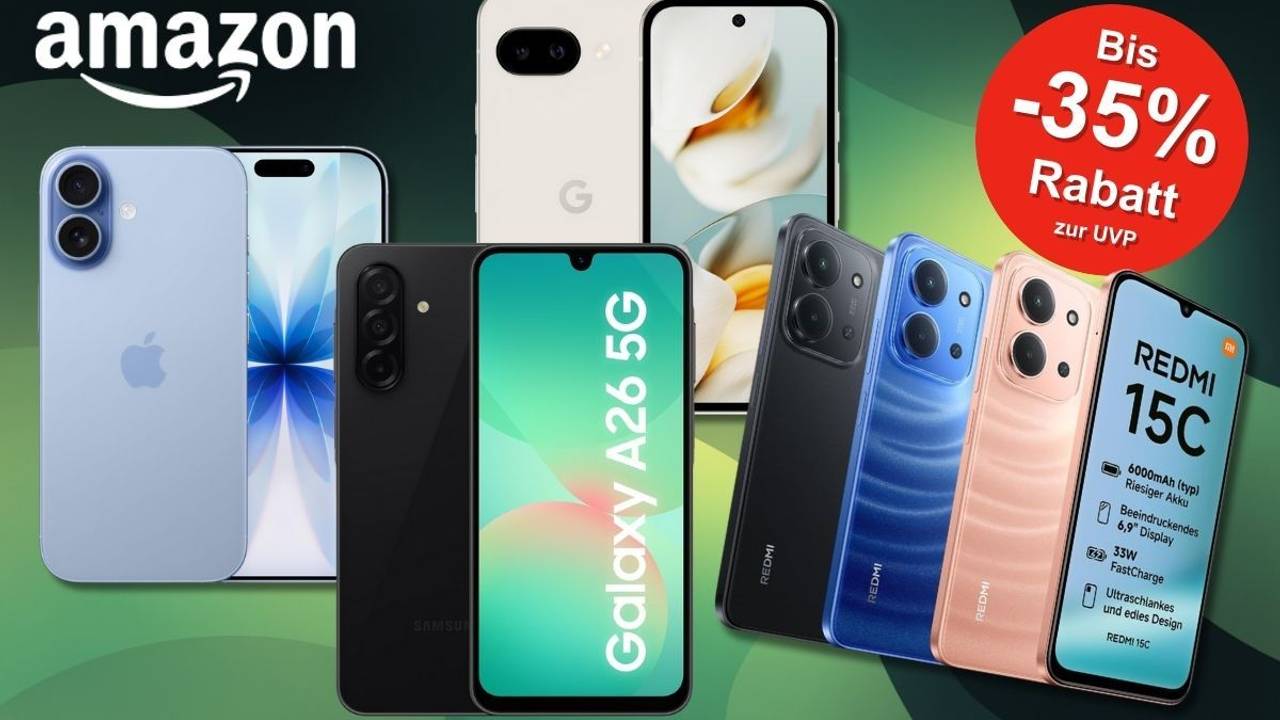 Smartphones wie iPhone, Samsung Galaxy A26, Google Pixel 9a und Xiaomi Redmi vor einem grünen Hintergrund.