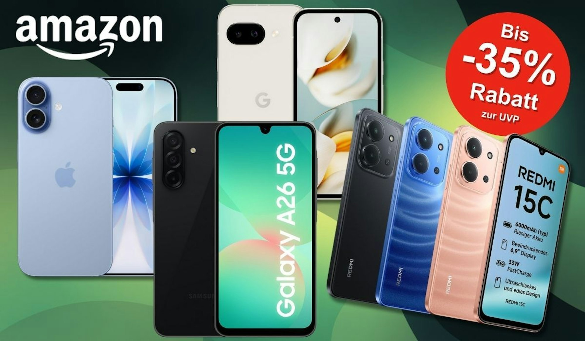 Smartphones wie iPhone, Samsung Galaxy A26, Google Pixel 9a und Xiaomi Redmi vor einem grünen Hintergrund.