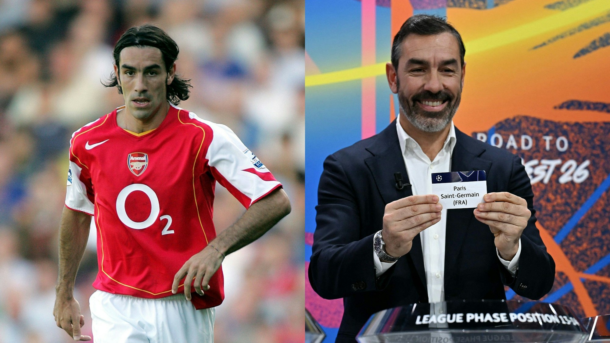 Zwei Fotos zeigen Robert Pirès einmal als Spieler und einmal als Losfee.