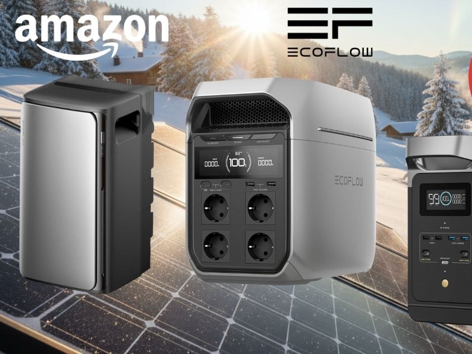 EcoFlow Delta und Stream Solar‑Speicher und Powerstations vor einem verschneiten Dorf im Wald mit Solarpanelen und Balkonkraftwerk.