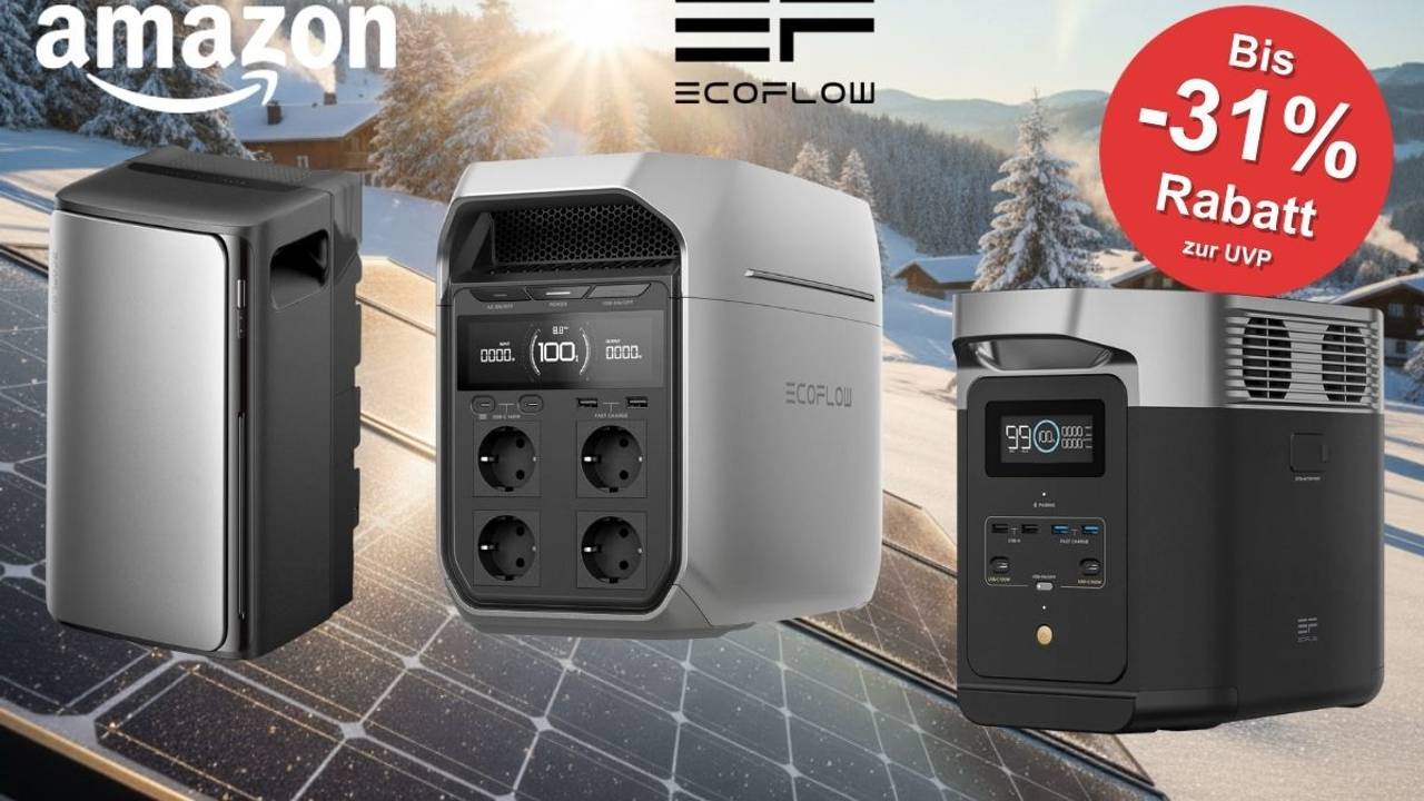 EcoFlow Delta und Stream Solar‑Speicher und Powerstations vor einem verschneiten Dorf im Wald mit Solarpanelen und Balkonkraftwerk.