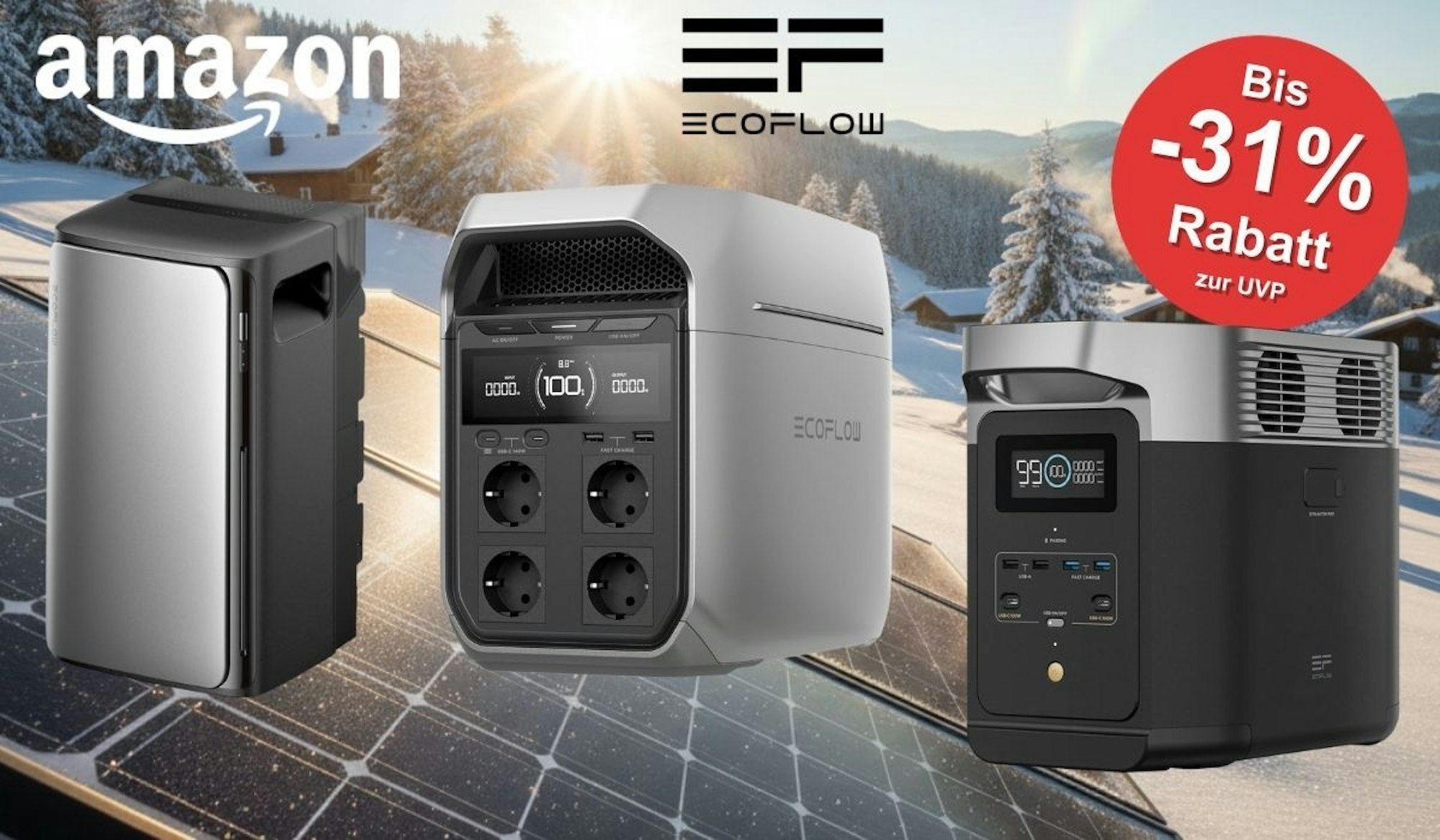 EcoFlow Delta und Stream Solar‑Speicher und Powerstations vor einem verschneiten Dorf im Wald mit Solarpanelen und Balkonkraftwerk.