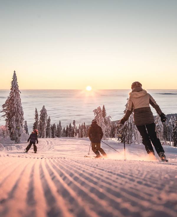 Abfahrt in der Abendsonne im Skigebiet Hochficht am Böhmerwald im Mühlviertel.
