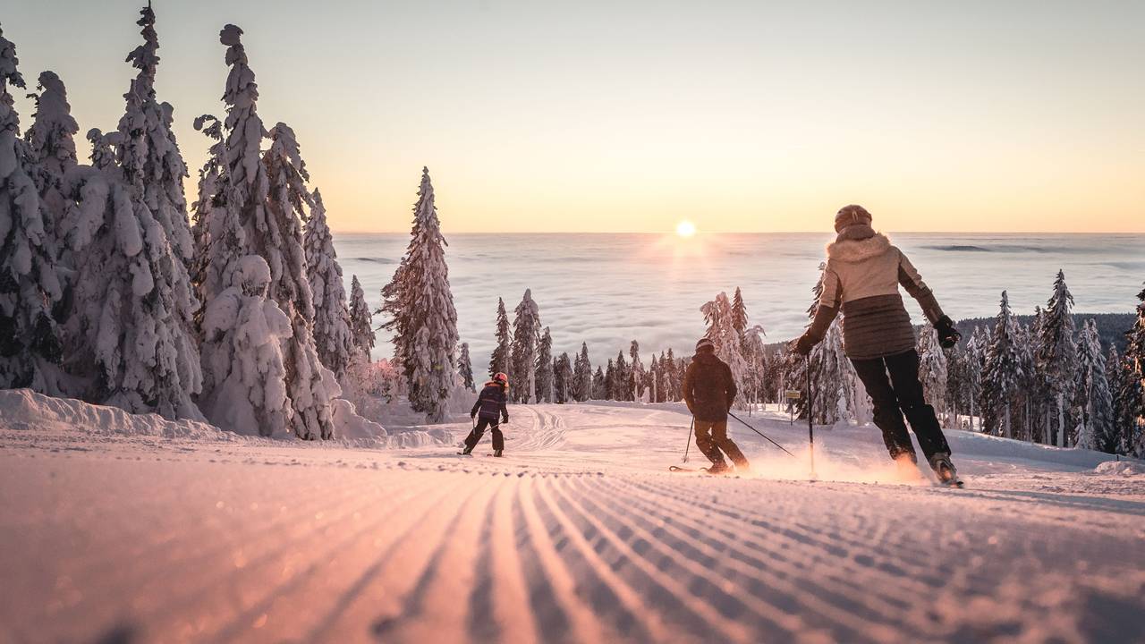 Abfahrt in der Abendsonne im Skigebiet Hochficht am Böhmerwald im Mühlviertel.