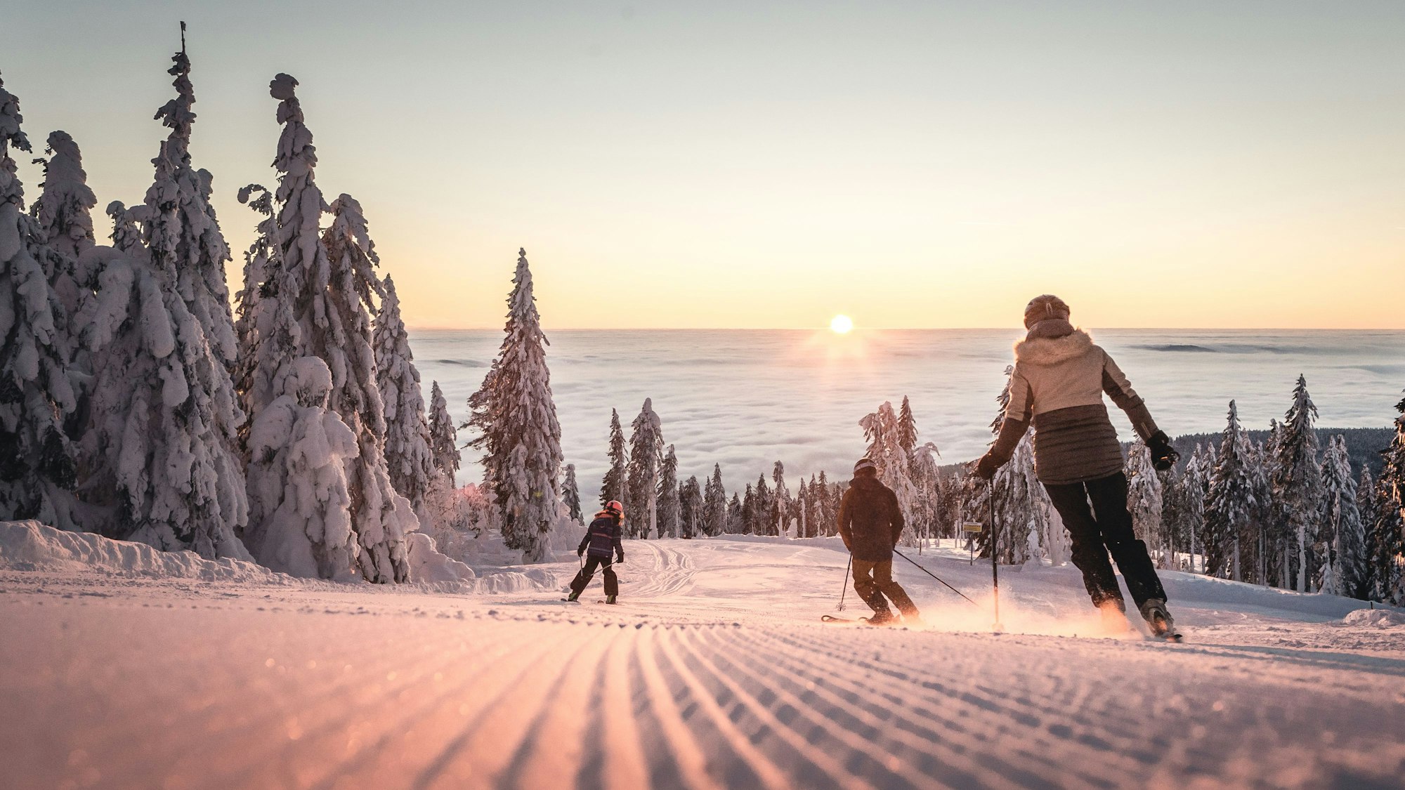 Abfahrt in der Abendsonne im Skigebiet Hochficht am Böhmerwald im Mühlviertel.