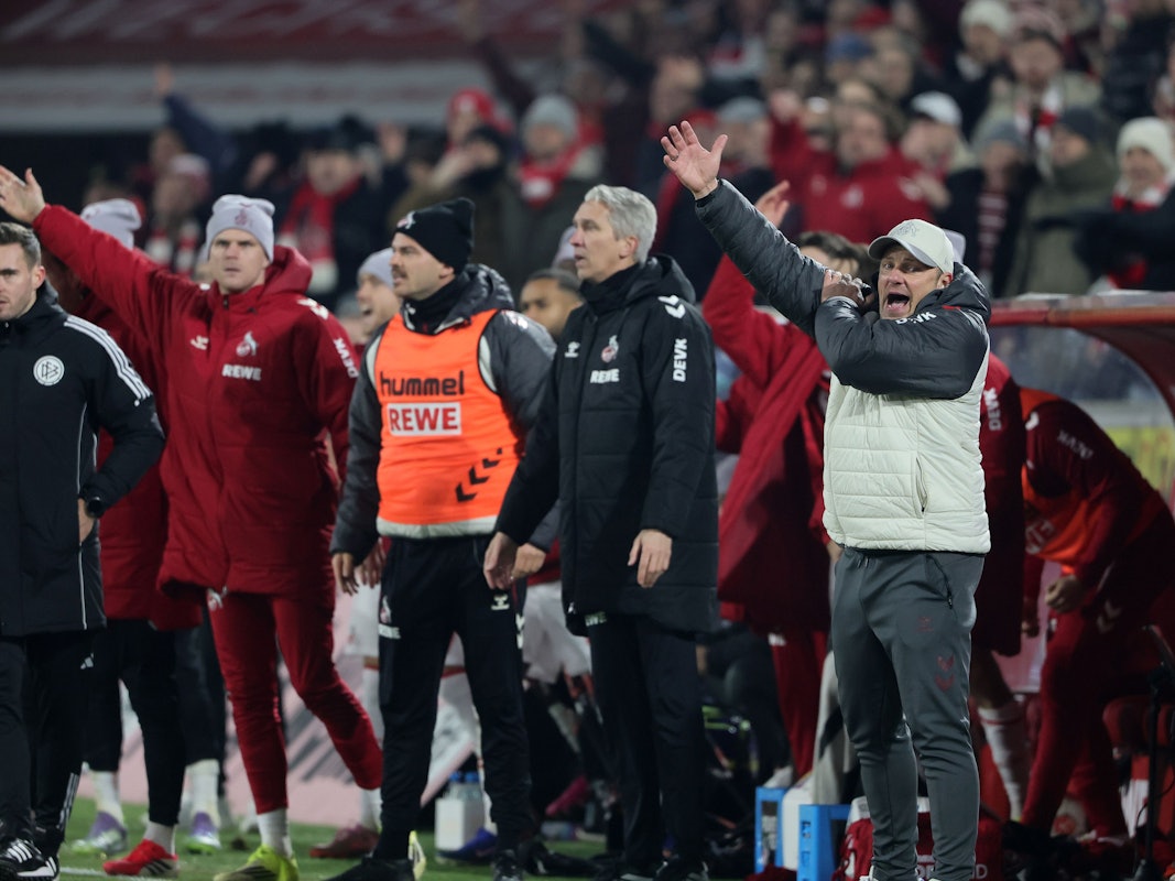 Mit Leidenschaft an der Seitenlinie: Trainer Lukas Kwasniok (1. FC Köln) beim 1:0-Sieg über den VfL Wolfsburg.