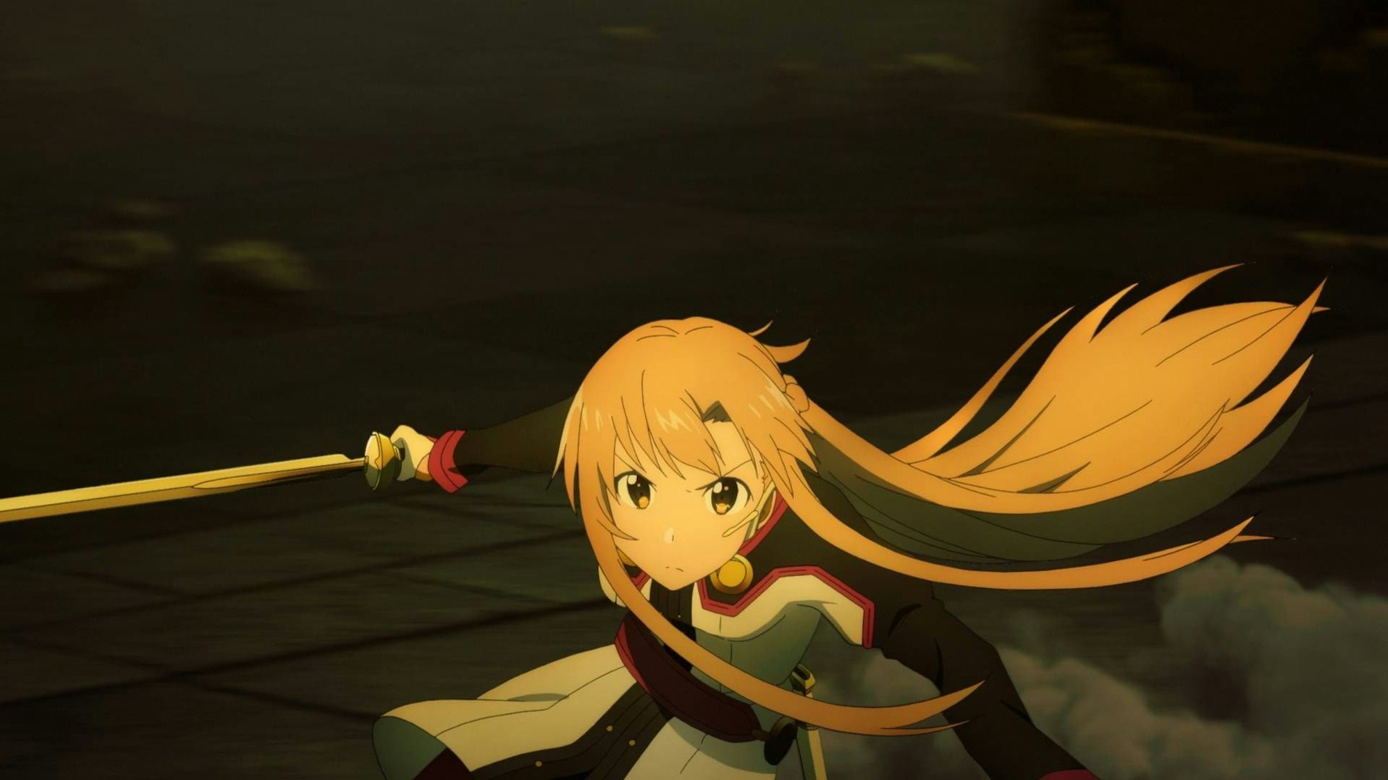 Eine Mangafigur mit Schwert und blondem Haar kämpft