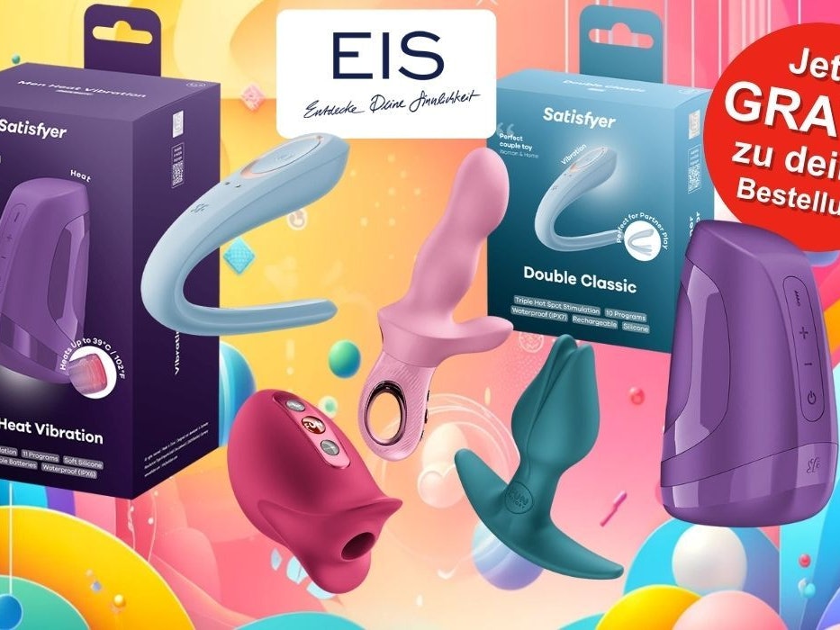 Satisfyer Men Heat Vibration und den Double Classic vor einem bunten Hintergrund mit geometrischen Formen.