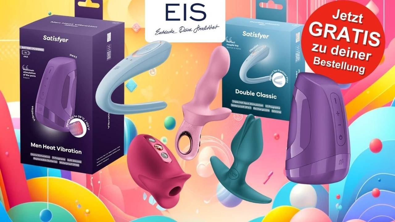 Satisfyer Men Heat Vibration und den Double Classic vor einem bunten Hintergrund mit geometrischen Formen.