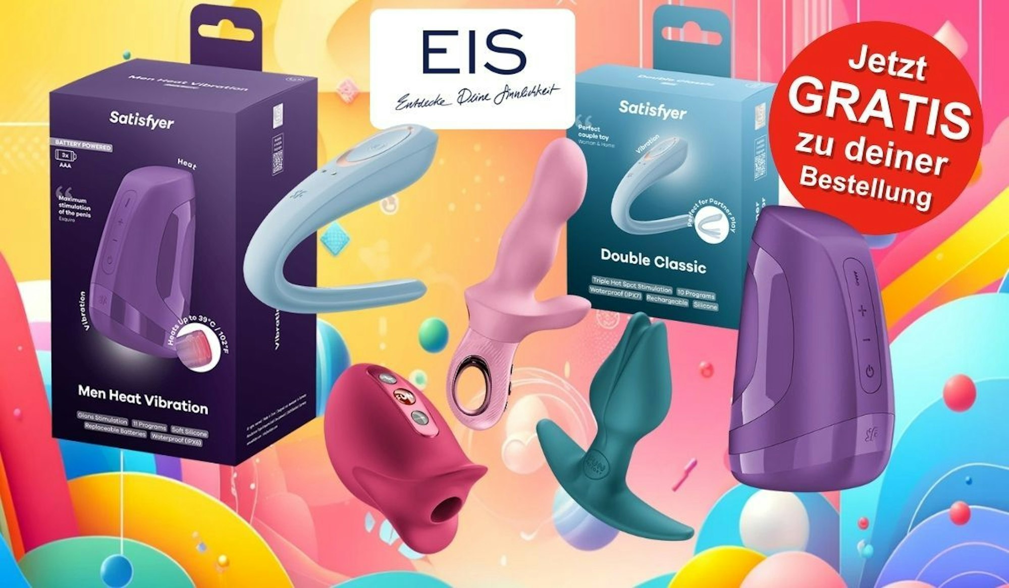 Satisfyer Men Heat Vibration und den Double Classic vor einem bunten Hintergrund mit geometrischen Formen.