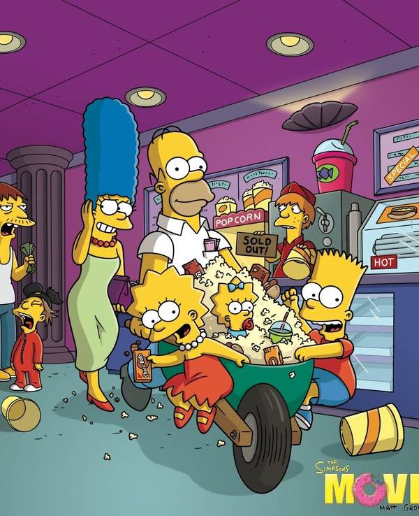 Die gelben Comicfiguren „Simpsons“ an einer Kinokasse