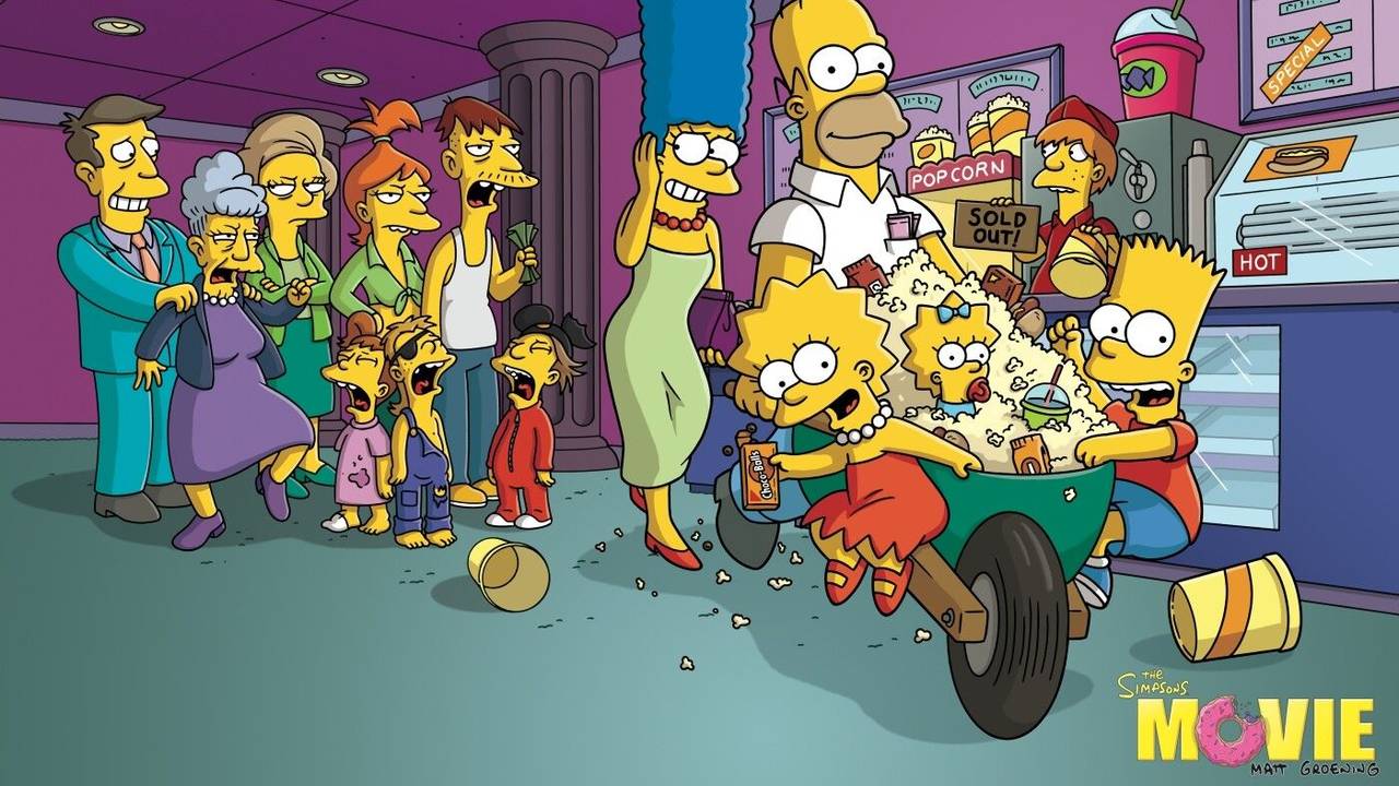 Die gelben Comicfiguren „Simpsons“ an einer Kinokasse
