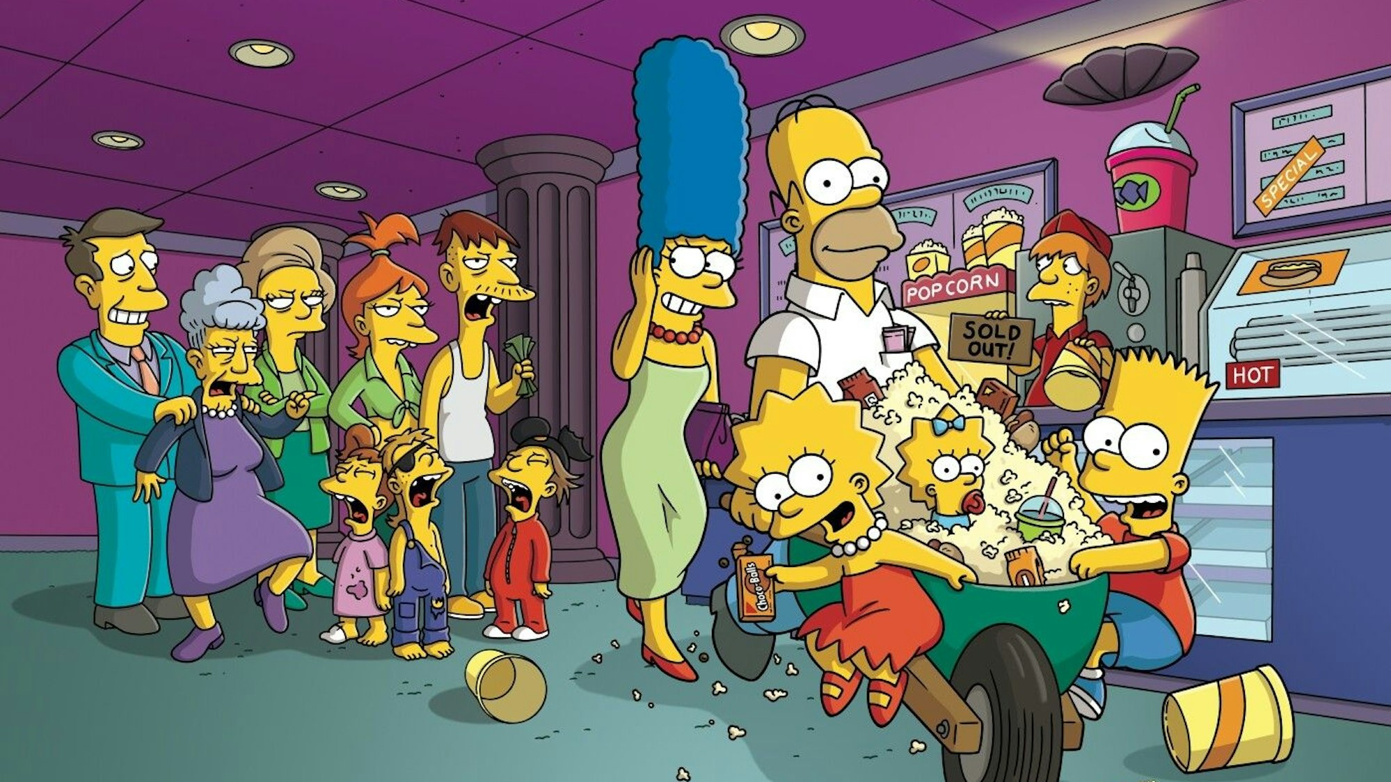 Die gelben Comicfiguren „Simpsons“ an einer Kinokasse
