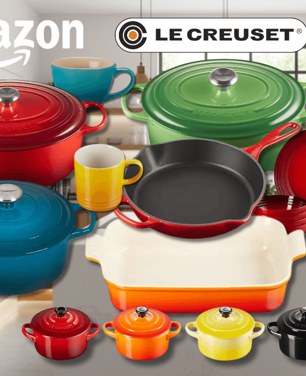 Eine edle Küche mit einem Silvester Feuerwerk vor dem Fenster, davor Le Creuset Küchenprodukte in verschiedenen Farben und Modellen, darunter Bräter, Pfannen, Tassen und Auflaufformen – in Schwarz, Rot, Blau, Grün und Orange.