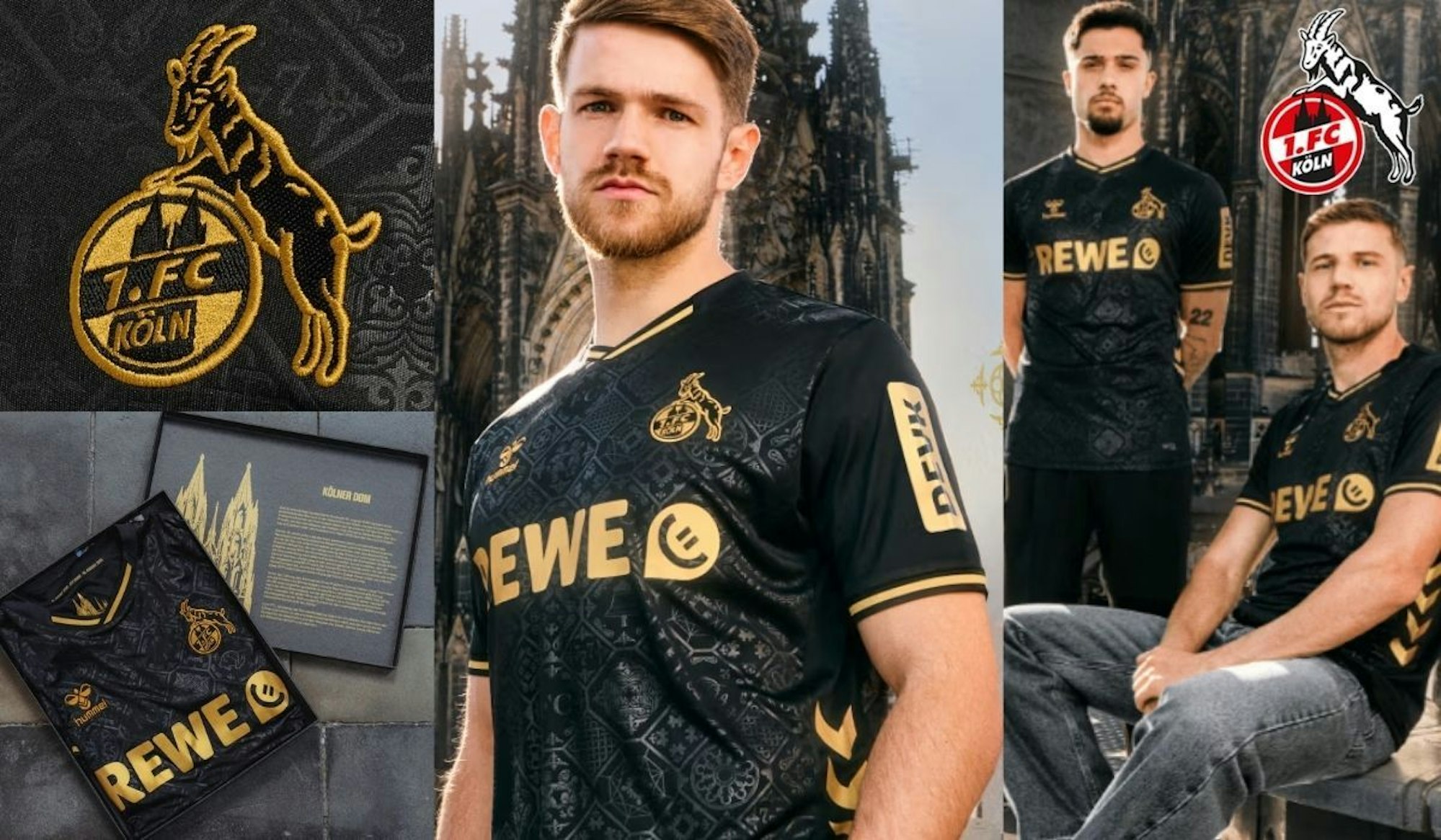 Ausweich-/Sondertrikot FC x Dom vom 1. FC Köln zum 777-Jahre-Jubiläum des Kölner Doms. Bilder von Herren mit dem Ausweichtrikot 2025/26 vor dem Kölner Dom.