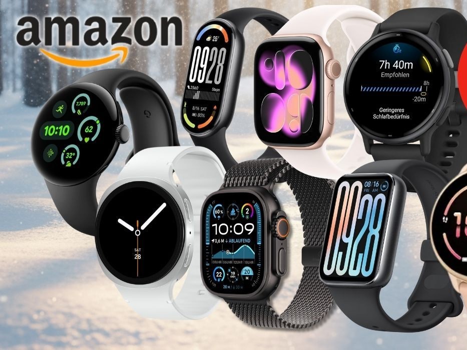 Ein verschneiter Wald an einem Sonnigen Tag im Hintergrund, davor Smartwatches von Apple, Samsung, Garmin, Google, Xiaomi.