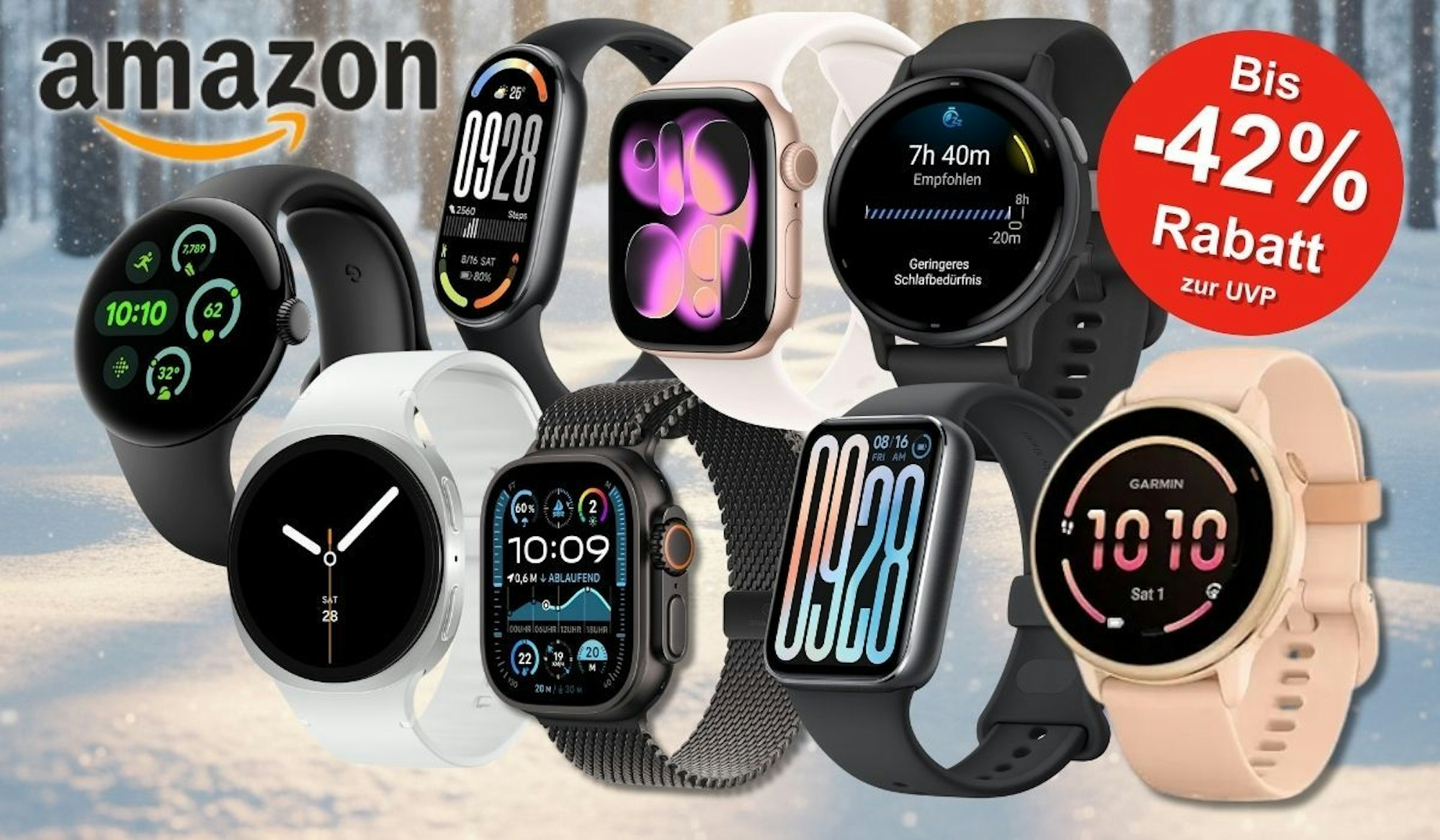 Ein verschneiter Wald an einem Sonnigen Tag im Hintergrund, davor Smartwatches von Apple, Samsung, Garmin, Google, Xiaomi.