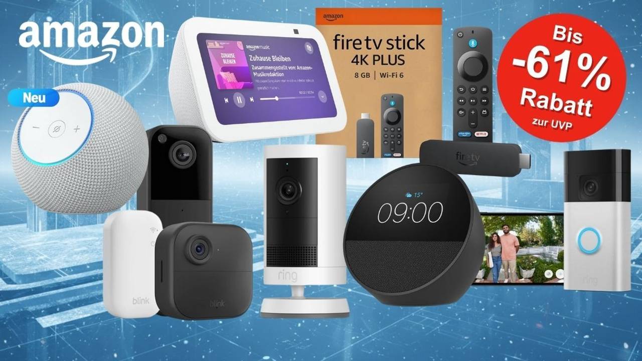 Amazon Geräte wie Echo Dot Max über Kindle und Ring und Blink Kamera bis hin zum Fire TV Stick 4K Plus vor einem digitalen Hintergrund mit Winter-Ambiente in Blau.