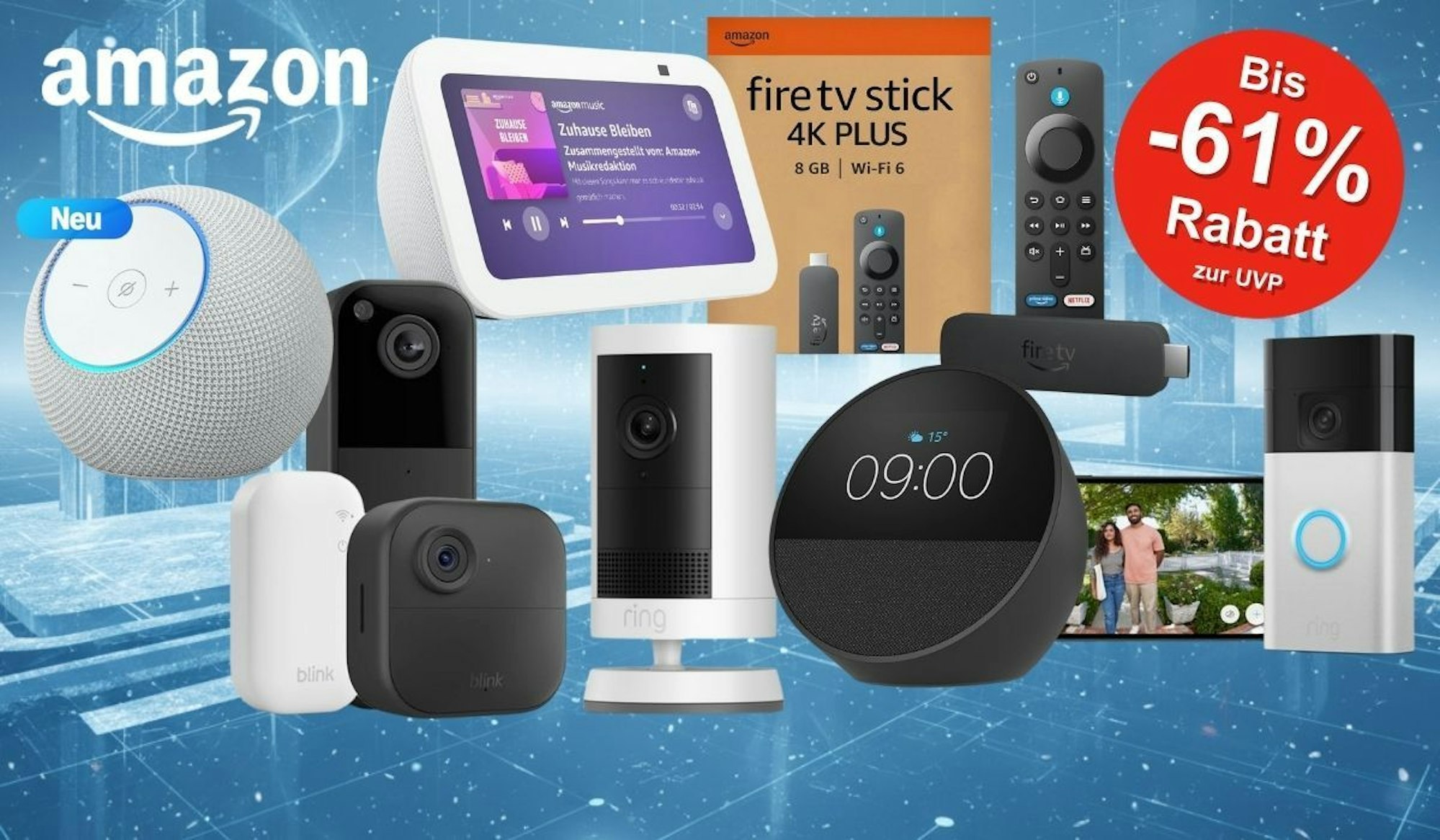 Amazon Geräte wie Echo Dot Max über Kindle und Ring und Blink Kamera bis hin zum Fire TV Stick 4K Plus vor einem digitalen Hintergrund mit Winter-Ambiente in Blau.