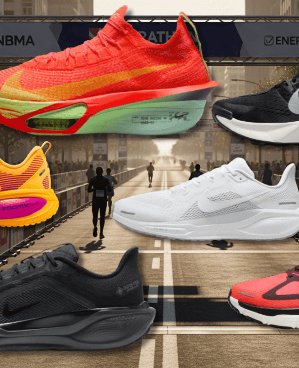 Nike Laufschuhe wie der Alphafly, Structure, Pegasus und mehr vor einer Marathon Strecke