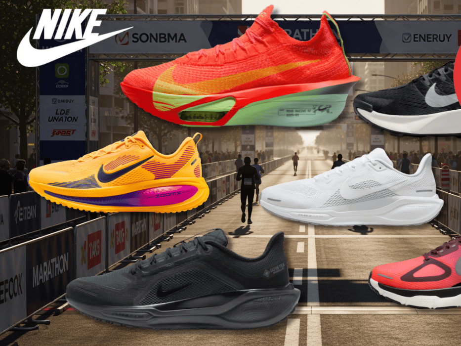 Nike Laufschuhe wie der Alphafly, Structure, Pegasus und mehr vor einer Marathon Strecke