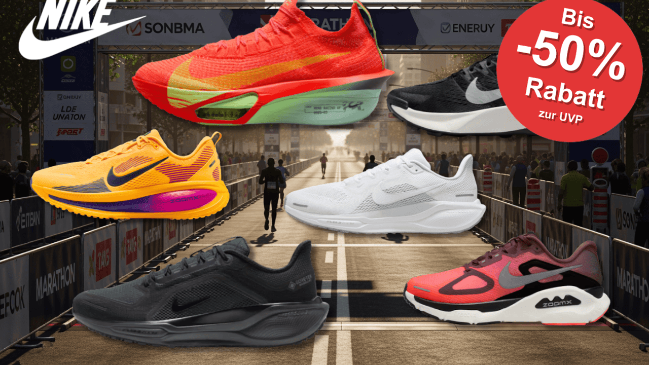 Nike Laufschuhe wie der Alphafly, Structure, Pegasus und mehr vor einer Marathon Strecke