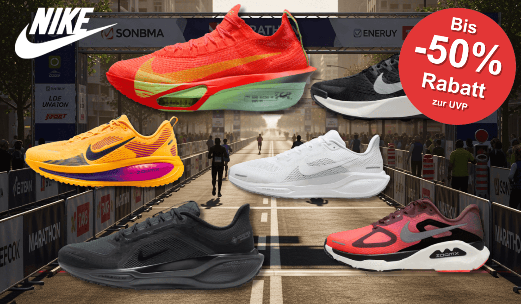 Nike Laufschuhe wie der Alphafly, Structure, Pegasus und mehr vor einer Marathon Strecke