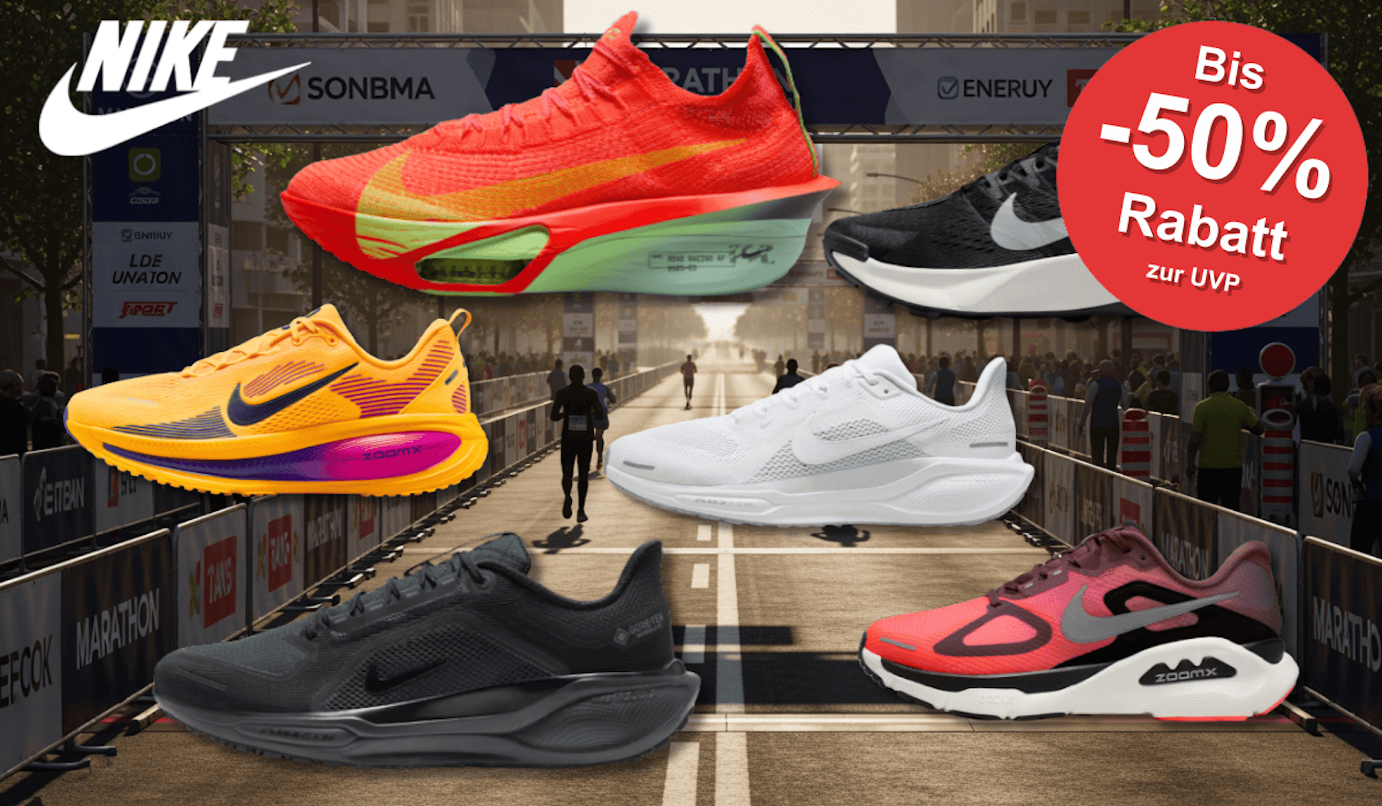 Nike Laufschuhe wie der Alphafly, Structure, Pegasus und mehr vor einer Marathon Strecke