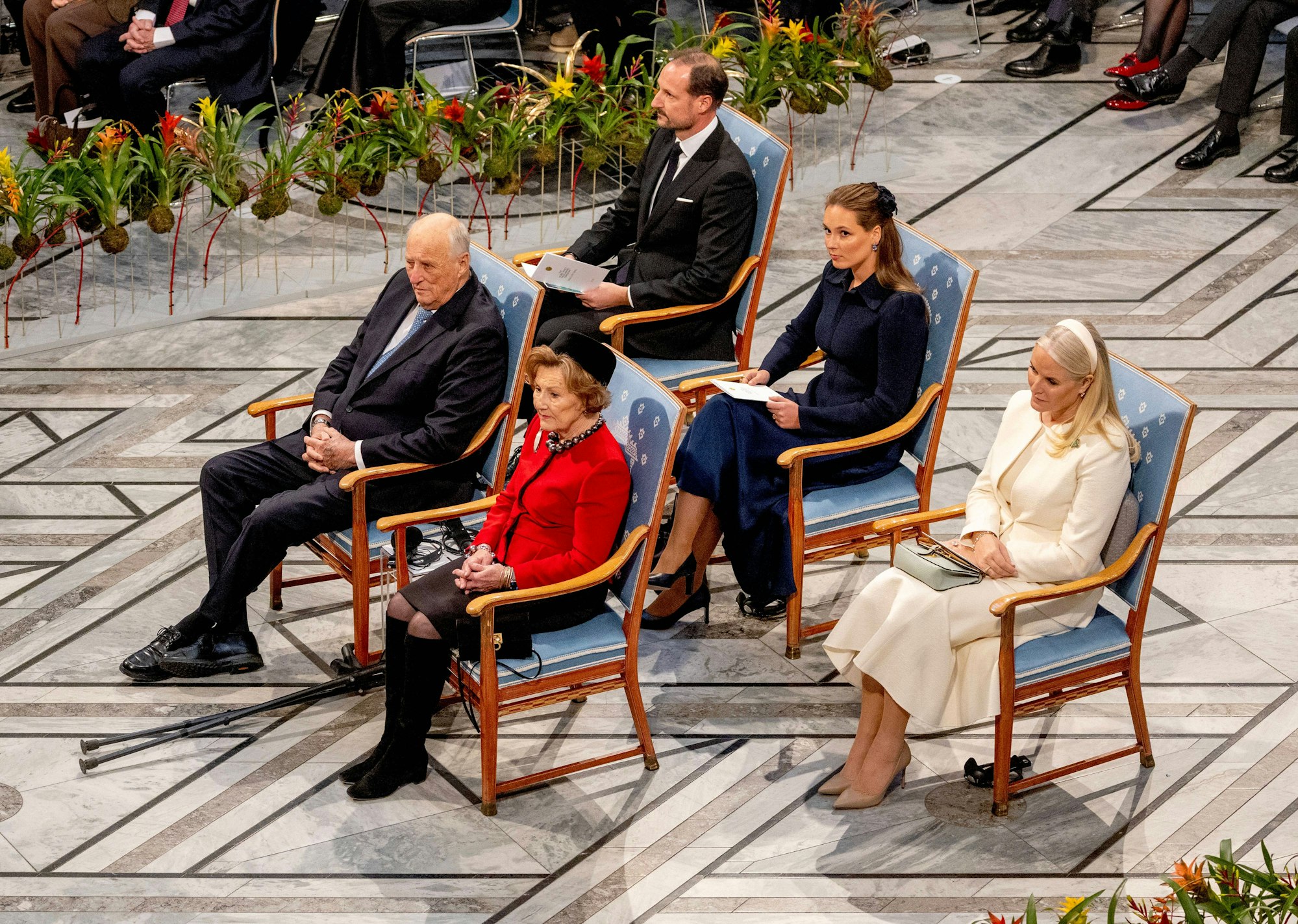 König Harald, Königin Sonja, Prinz Haakon, Prinzessin Ingrid Alexandra, Mette-Marit.