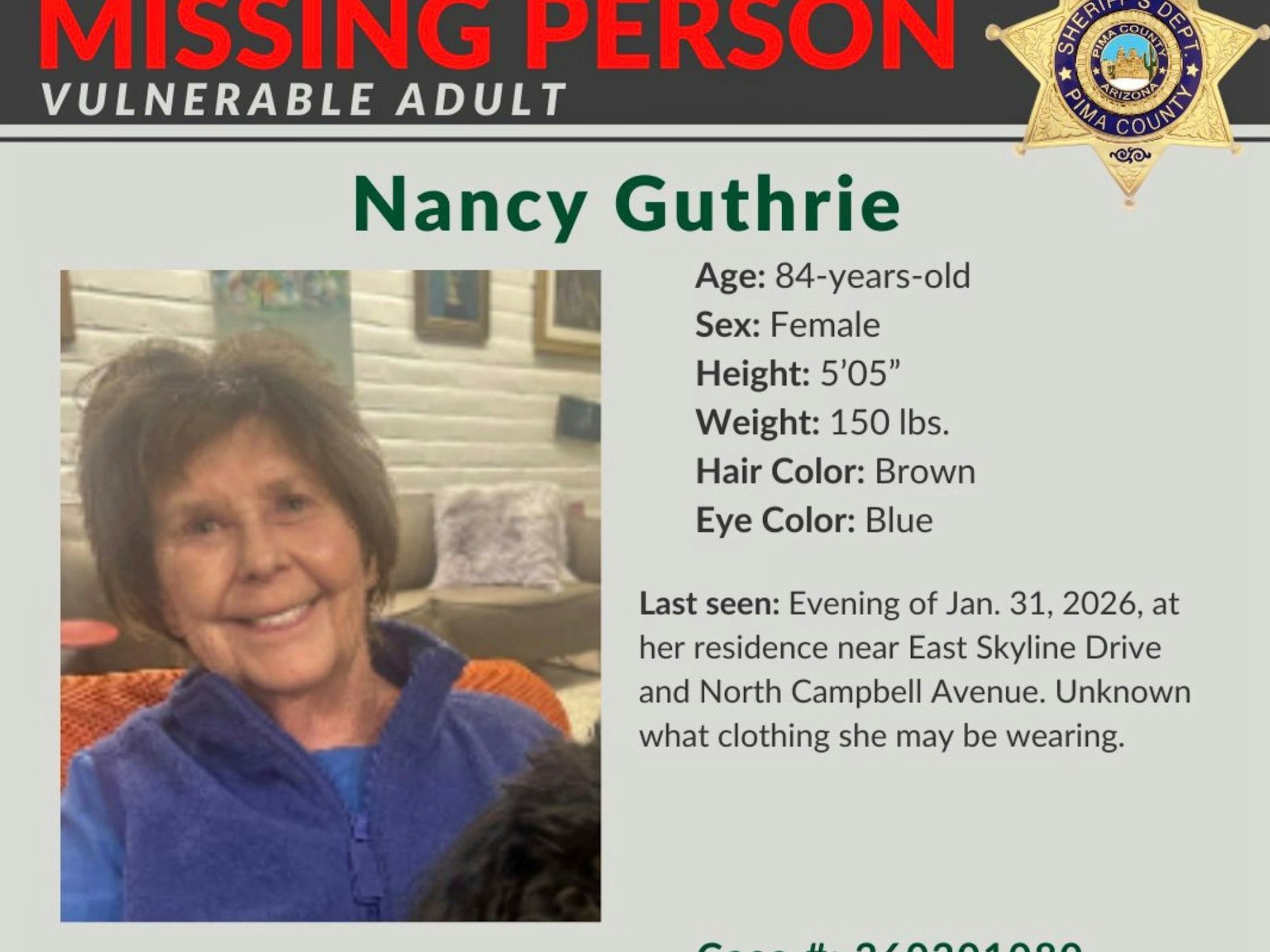 Dieses vom Pima County Sheriff's Department am Montag, 2. Februar 2026, zur Verfügung gestellte Bild zeigt eine Vermisstenmeldung für Nancy Guthrie.